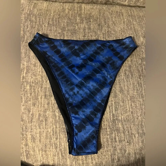 Oseree 90s Blue Chevron Tie Dye Stripe High Cut Bikini Swimsuit Bottoms Size L - Picture 3 of 6